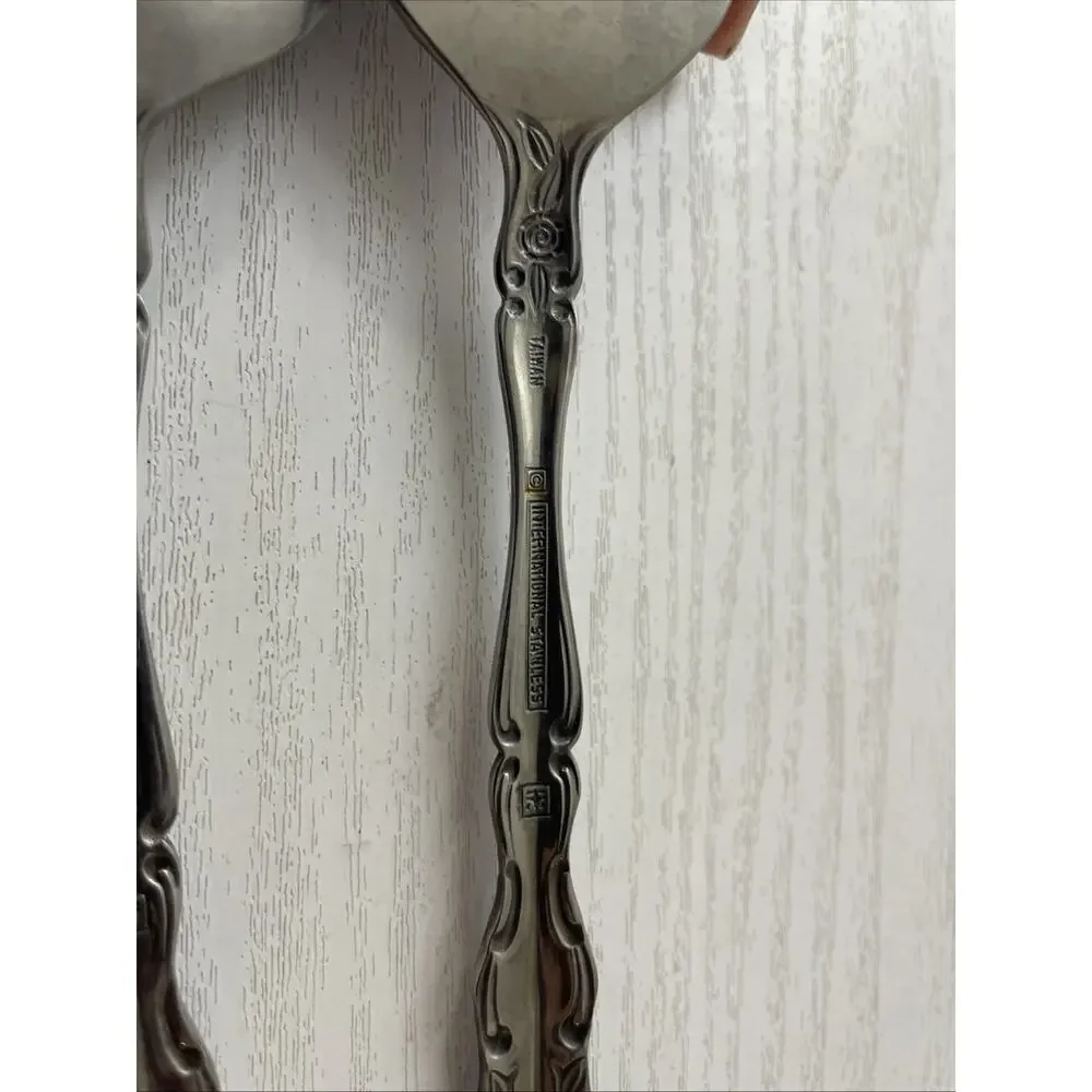 4 RARE Vtg International Stainless ABIGAIL Silverware Serving Floral Rose Taiwan